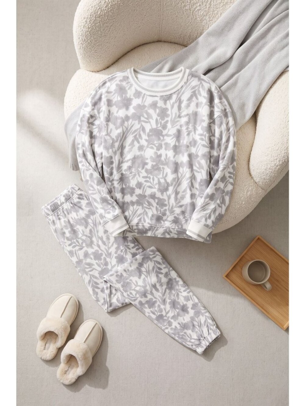 Simply Vera Vera Wang Womens XXL Pajama Set Gray Ivory Floral Joggers Loungewear - Picture 3 of 7